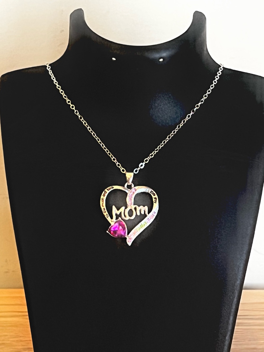 Silver 'Mom' Heart Pendant Necklace with Pink Crystal Accent